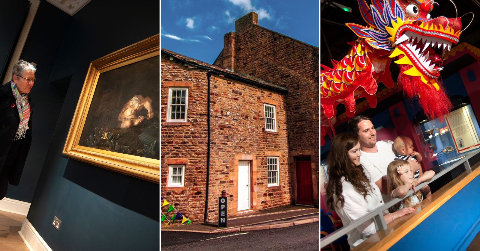 left to right - woman looking at painting inside Mining Art Gallery, Exterior shot of Weardale Museum and family inside Durham oriental Museum